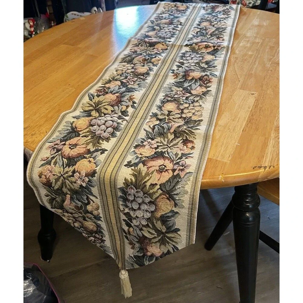 Vintage Woven Fruit Tapestry Table Runner Tassels Farmhouse Cottagecore Style